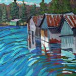 CHADWICK, PHIL - "Outlet Row of Boat Houses" Oil on medium burnt sienna red oil tinted foundation on canvas - 10 x 12  - 
I have painted here before...  forget. It is a great place to paint out of the wind. There is poison ivy though and I have to be careful. The black flies were h